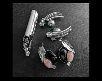 Vintage Astee Jewelry Set Signed Silver Tone Brooch & Clip On Earrings 1980s Art Deco Statement Set Vintage Fashion Gift for Her