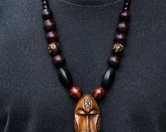 African Mask Necklace Tribal Carved Wood Pendant Handmade Beaded Statement Jewelry Gift for Men