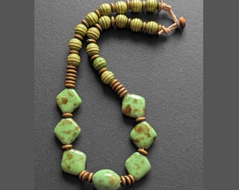 Beaded Necklace Green Wood Ceramic Gift for Her Handmade Tribal Boho Leather Cord Statement Jewelry