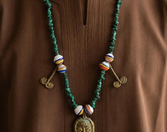 African Malachite Necklace Vintage Tribal Brass Mask Pendant Handmade Beaded Statement Jewelry Gift for Men 1950s Collectible
