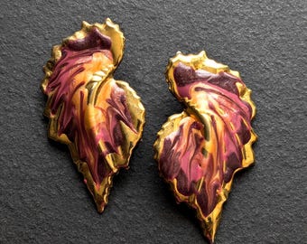Vintage 80s Gold Tone Enamel Wing Statement Earrings Burgundy Peach Swirl Studs Retro Glam