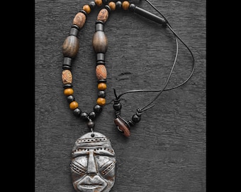 African Mask Pendant Necklace for Men | Handmade Tribal Beaded Statement Jewelry | Afrocentric Boho Gift | Masculine Cultural Style