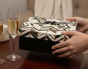 Schwarze Luxus Geschenkbox Kupfer Magnetdeckel Geometrisches Muster Chevron Design Luxusverpackung Metallisch Gefüttert Kleine Elegante Aufbewahrung Modernes Geschenk