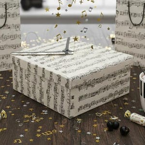 Music Box Monochrome Gift Wrap Paper Music Note Design Pattern Black White Wedding Favor Keepsake Handmade Container Musical Birthday Box