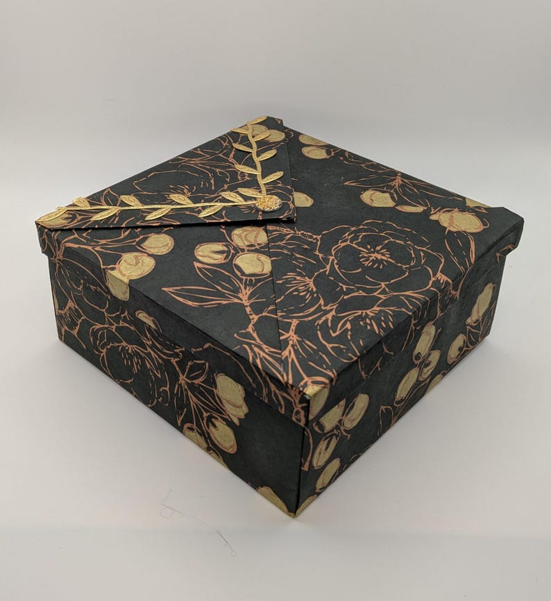 Keepsake Container Box Luxury Storage Solution Black Copper Design Satin Lined Interior Reusable Gift Packaging Elegant Envelope Style Square Box Wedding Favor Presentation Metallic Floral Pattern Special Memory Keeper Anniversary Gift