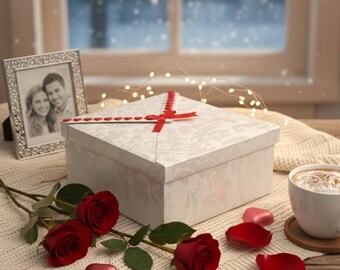 White Box Valentine Card Packaging White Demask Elegant Galantine Gift Box Design Red Heart Ribbon Decorative Luxury Keepsake Present Idea