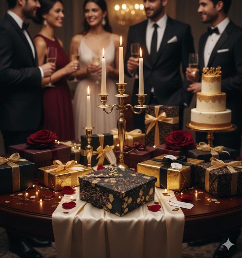 Svart kopparfärgad lyxig presentask, magnetisk behållare, kopparfärgad pappersfodrad bröllopsgåva, metallisk blommig presentförpackning, elegant kuvert bild 2