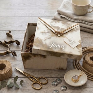 May include: A square gift box with a tie-dye brown and white pattern, featuring the name James in white script on the lid. A brown ribbon with white dots is tied around the lid, holding a small white tag that reads Handmade with Care.