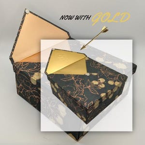 Svart kopparfärgad lyxig presentask, magnetisk behållare, kopparfärgad pappersfodrad bröllopsgåva, metallisk blommig presentförpackning, elegant kuvert bild 4