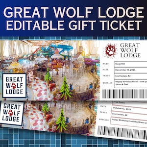 May include: Two Great Wolf Lodge gift tickets. The top ticket is for Nicki Mill, with a message from Mom & Dad. The bottom ticket is for Fred Turks. The tickets have a blue and white design.
