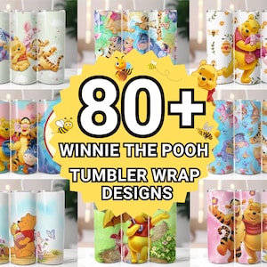 Pacote com mais de 80 embalagens para copos do Ursinho Pooh, design de sublimação para copos finos de 20 onças, embalagem para copos de desenho animado, uso comercial, download digital