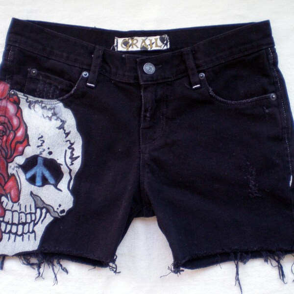 Biker Skull Bones Red Foil Roses Ladies Boyshort Panties - 100% Cotton Black