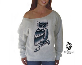 SALE Owl Tattoo Off The Shoulder Sweatshirt, Boho OTS sweatshirt by Bohemianrag */*