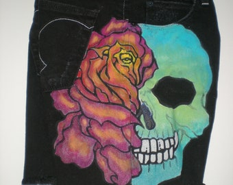 One of a Kind Hand Painted Skull-n-Rose Boho Bad to the Bone Denim Shorts by Bohemianrag