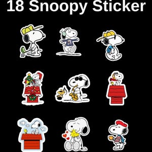 May include: A set of 18 colorful stickers featuring Snoopy, the beloved beagle from Peanuts. The stickers depict Snoopy in various poses and activities, including playing golf, playing the saxophone, and wearing a Santa hat.