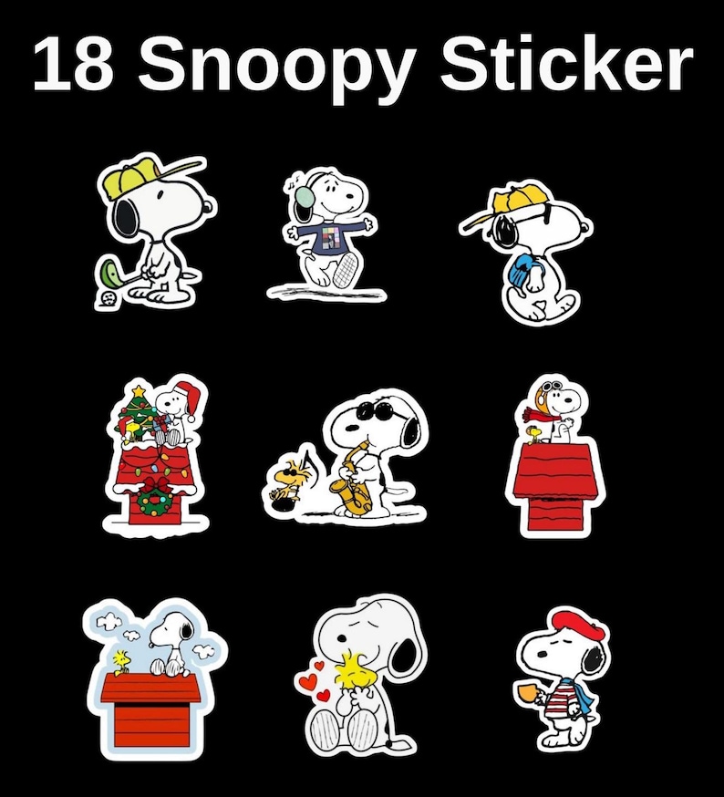 May include: A set of 18 colorful stickers featuring Snoopy, the beloved beagle from Peanuts. The stickers depict Snoopy in various poses and activities, including playing golf, playing the saxophone, and wearing a Santa hat.