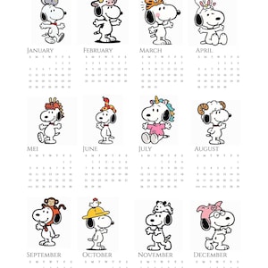 May include: 2026 calendar featuring Snoopy in various costumes for each month. January shows Snoopy with a bow tie, while December has Snoopy wearing a pink pig hat. Each month's calendar grid is displayed below the Snoopy image.