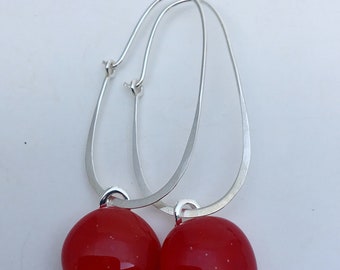 Red Fused Glass Sterling Silver Super Oval Earrings