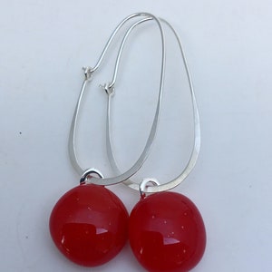 Red Fused Glass Sterling Silver Super Oval Earrings image 1