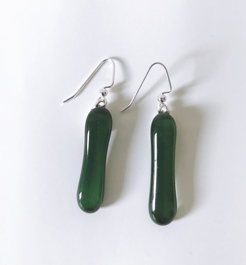 Forest Green Fused Glass Extra Long Dangle Earrings image 2