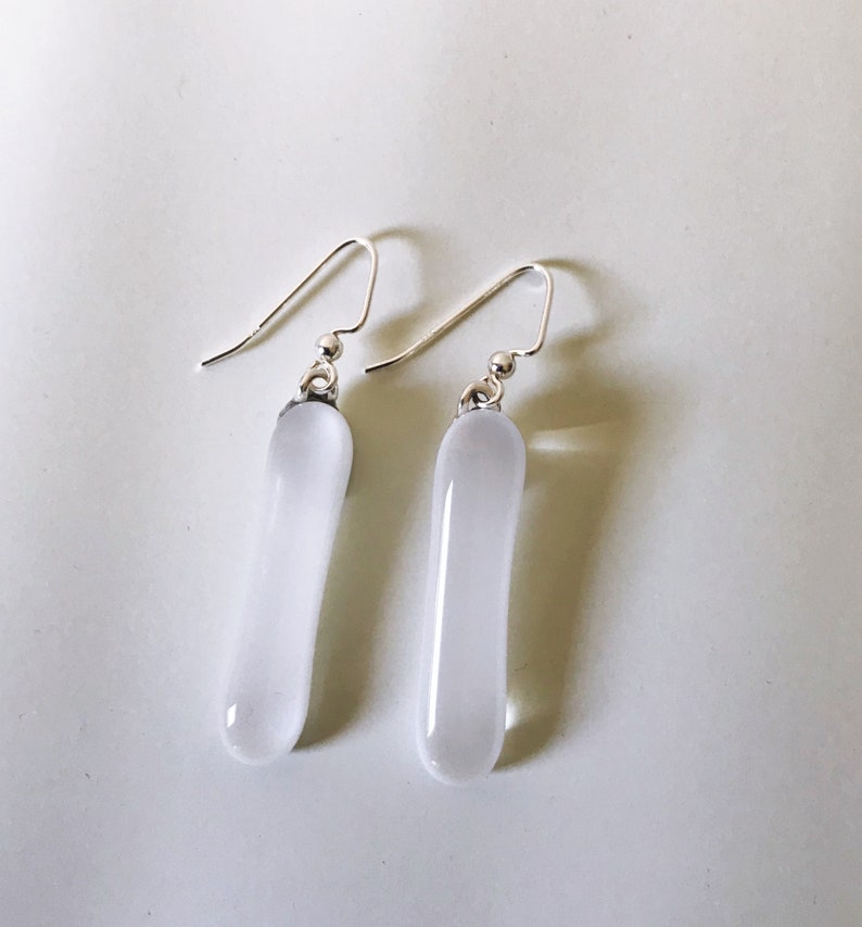 White Fused Glass Extra Long Dangle Earrings image 2