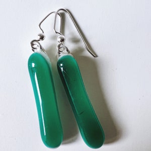 Emerald Green Fused Glass Extra Long Dangle Earrings image 3