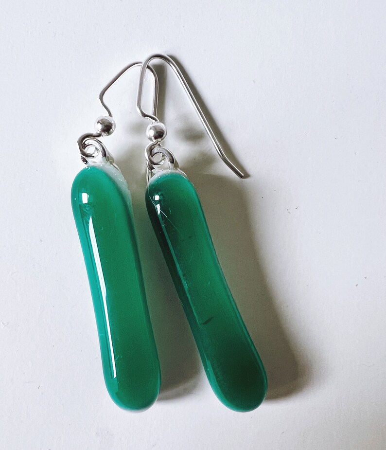 Emerald Green Fused Glass Extra Long Dangle Earrings image 3