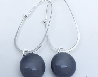 Grey Fused Glass Sterling Silver Super Oval Earrings