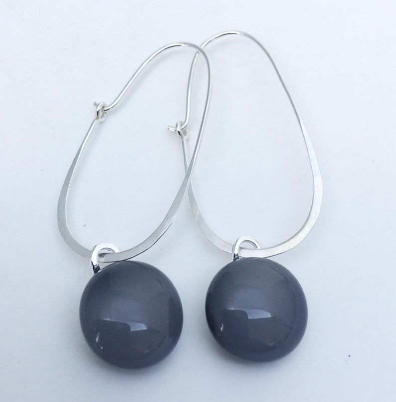 Grey Fused Glass Sterling Silver Super Oval Earrings image 1