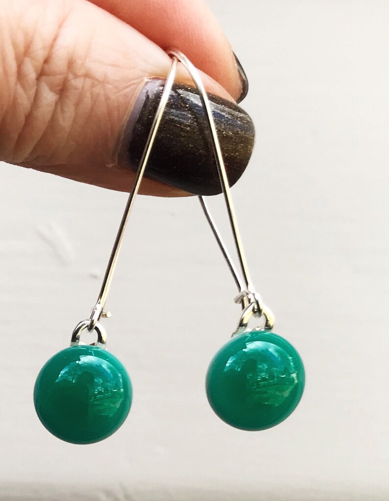 Emerald Green Fused Glass Sterling Silver Danglies Earrings image 3