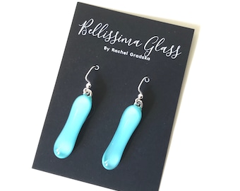 Turquoise Blue Fused Glass Extra Long Dangle Earrings