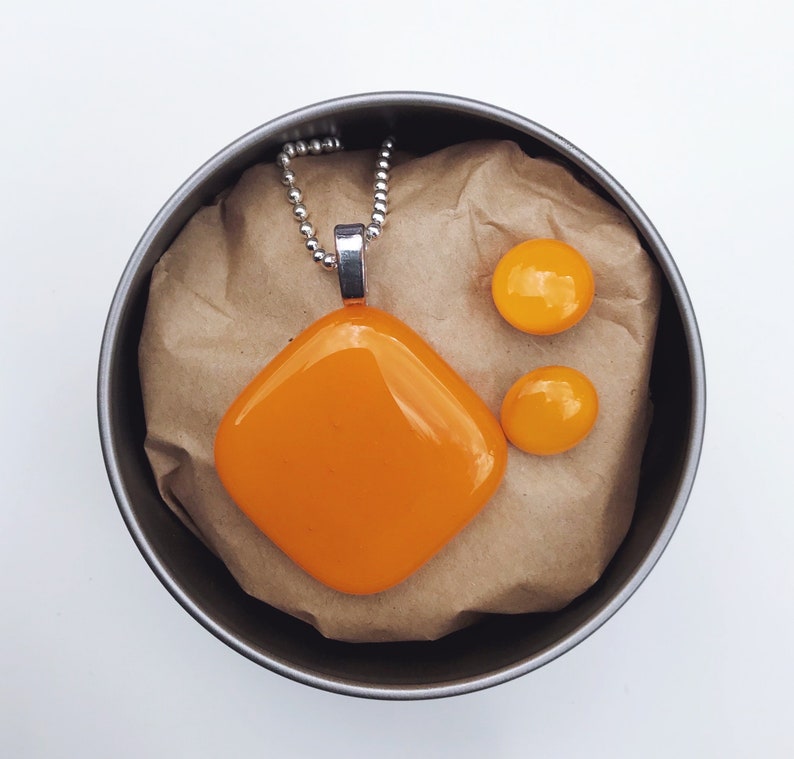 Tangerine Orange Fused Glass Pendant and Earrings Set image 1