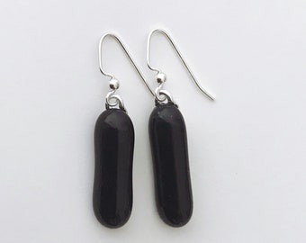 Black Fused Glass Extra Long Dangle Earrings