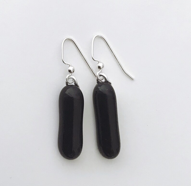 Black Fused Glass Extra Long Dangle Earrings image 1