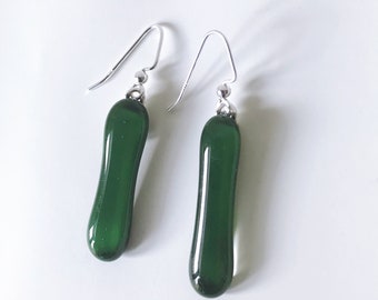 Forest Green Fused Glass Extra Long Dangle Earrings