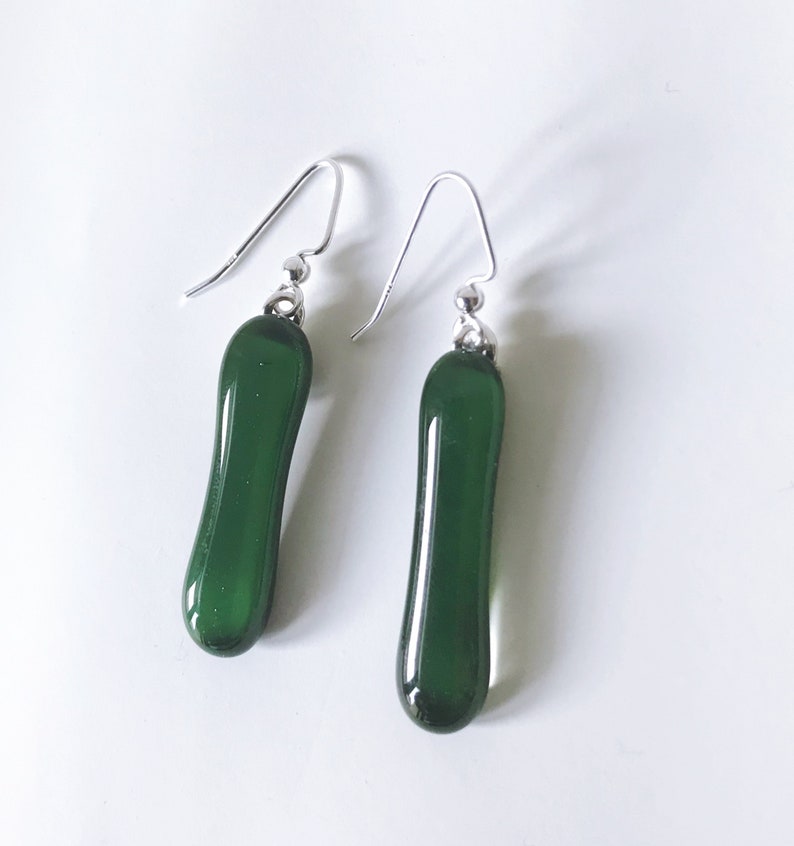 Forest Green Fused Glass Extra Long Dangle Earrings image 1