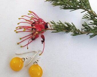 Yellow Fused Glass Short Dangle  Sterling Sliver  Earrings