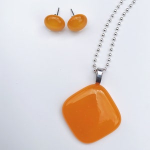 Tangerine Orange Fused Glass Pendant and Earrings Set image 2