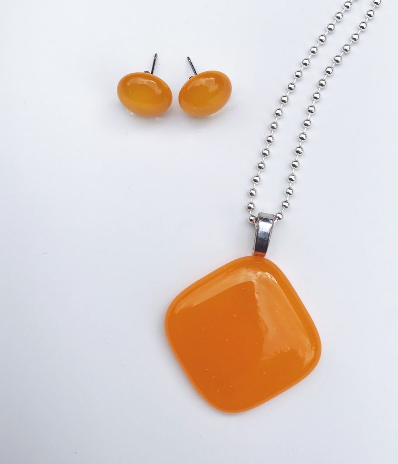 Tangerine Orange Fused Glass Pendant and Earrings Set image 2