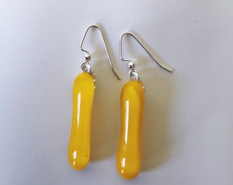 Yellow Fused Glass Extra Long Dangle Earrings