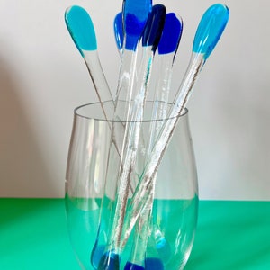Fused Glass Blue Tone Swizzle Sticks, Cocktail Stirrers image 1