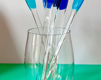 Fused Glass Blue Tone Swizzle Sticks, Cocktail Stirrers