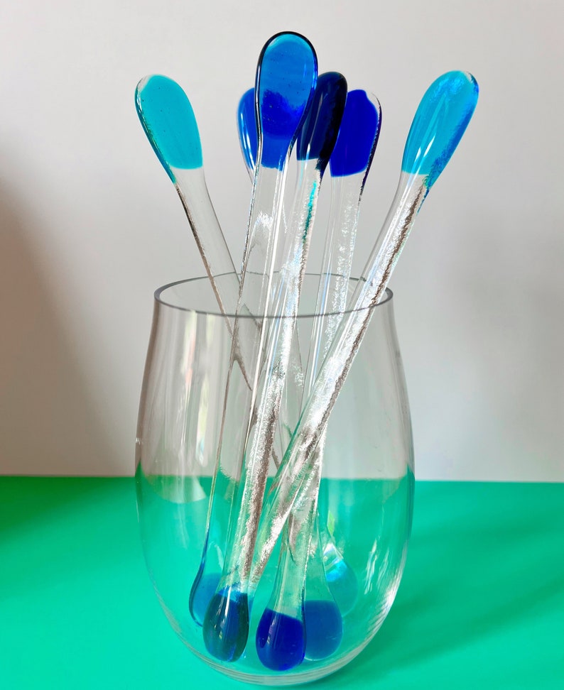 Fused Glass Blue Tone Swizzle Sticks, Cocktail Stirrers image 1