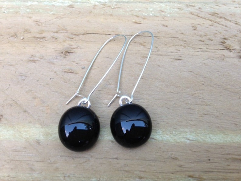 Black Fused Glass Sterling Silver Danglies Earrings image 1