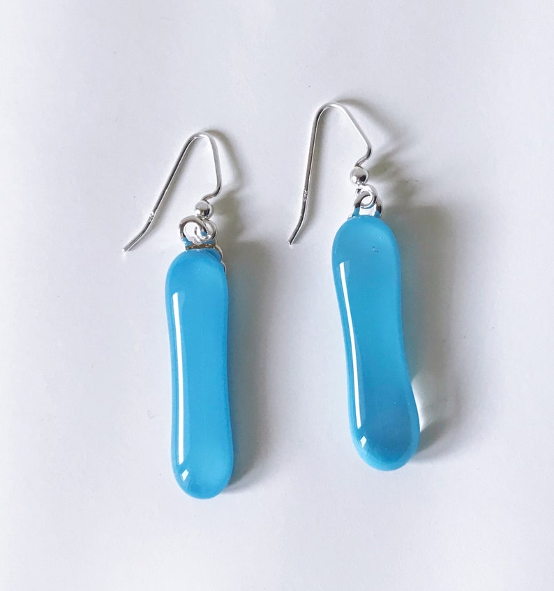 Aqua Blue Fused Glass Extra Long Dangle Earrings image 2