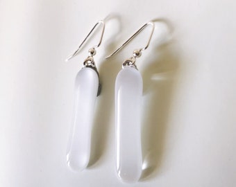 White Fused Glass Extra Long Dangle Earrings