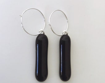 Black Fused Glass Extra Long Dangle Earrings