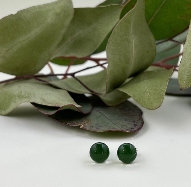 Forest Green Fused Glass Mini Stud Earrings image 1