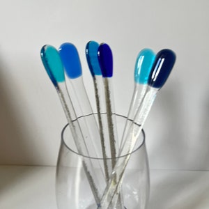 Fused Glass Blue Tone Swizzle Sticks, Cocktail Stirrers image 2