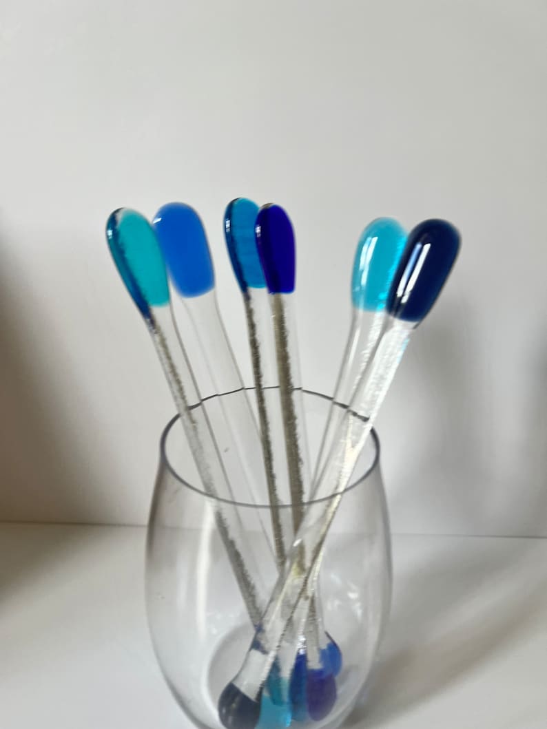 Fused Glass Blue Tone Swizzle Sticks, Cocktail Stirrers image 2